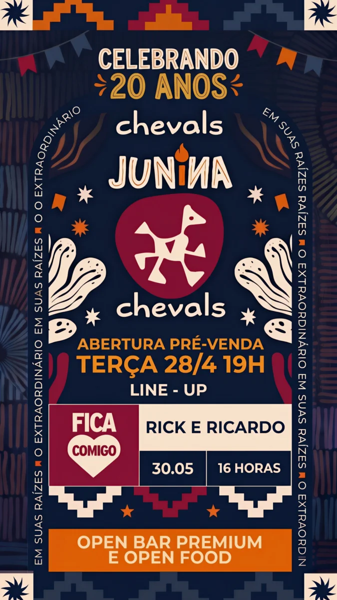 Festa Junina Chevals 2026: 20ª edição em 30/05 com pré-venda na terça 28/4
