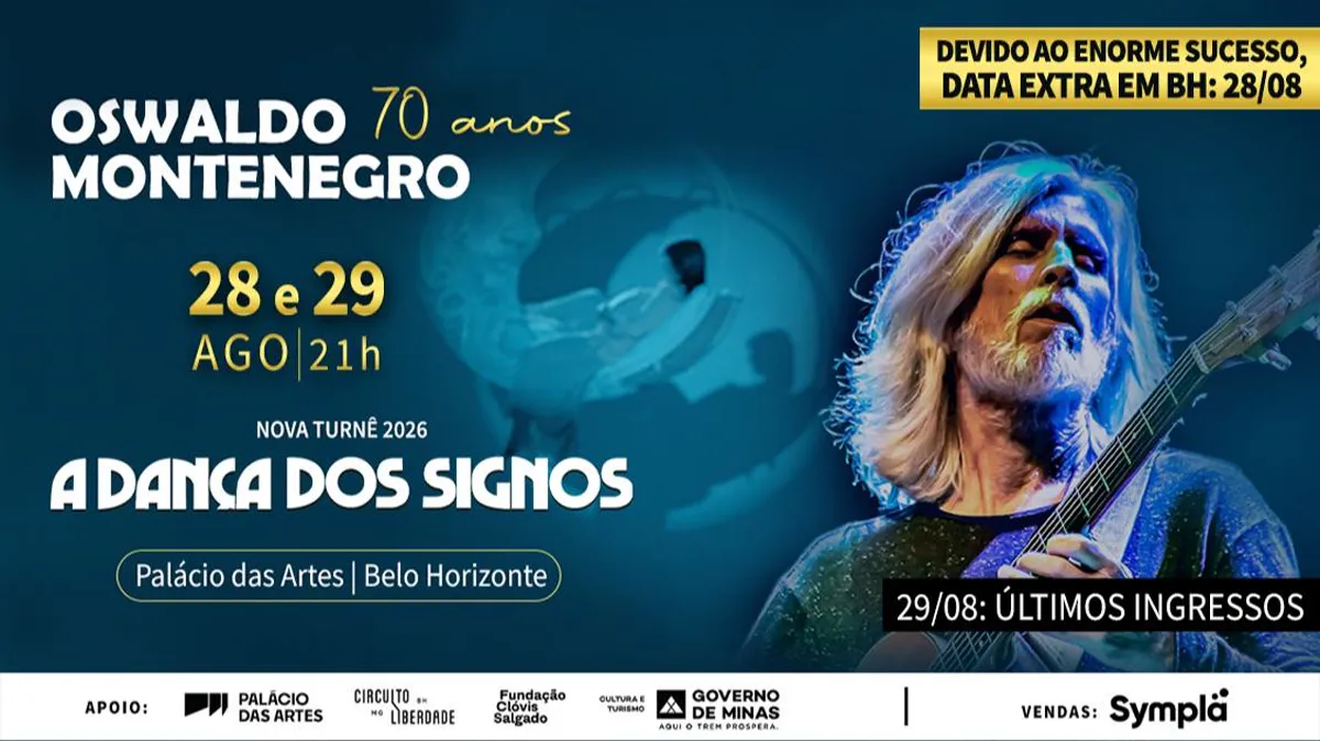 Oswaldo Montenegro em BH: nova turnê no Palácio das Artes em 28 e 29/08/2026
